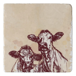 Two cows hand draw sketch & watercolor vintage trivet