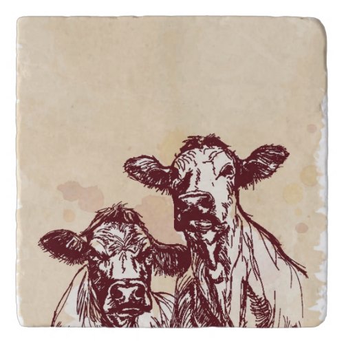 Two cows hand draw sketch  watercolor vintage trivet