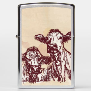 Two cows hand draw sketch & watercolor vintage zippo lighter