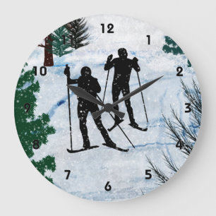 Two Cross Country Skiers in Snow Squall Large Clock