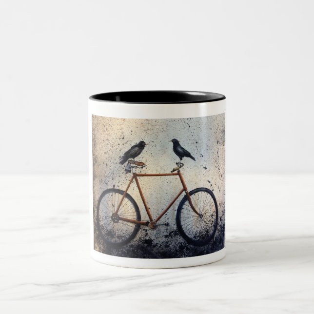 Two Crows on Bike Two-Tone Coffee Mug (Center)