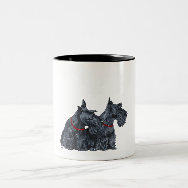 Two Curious Scottish Terriers Two-Tone Coffee Mug (Center)