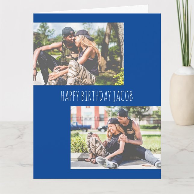 Two Custom Photo Blue Birthday  Card (Front)