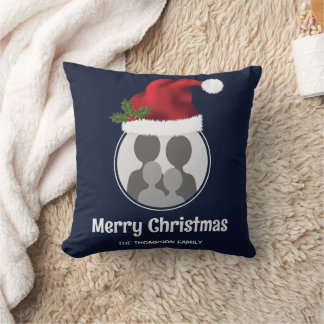 Two Custom Photo Templates With Santa Hats On Blue Throw Pillow