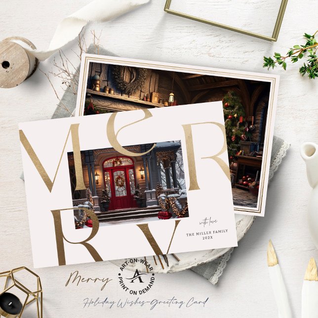 Two Custom Photos Gold Merry Elegant Typography Invitation (Creator Uploaded)