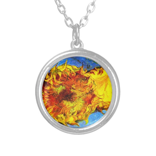Two Cut Sunflowers Van Gogh Silver Plated Necklace (Front)
