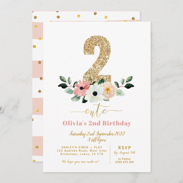 Two cute | 2 cute | Girls second birthday Invite (Front/Back)