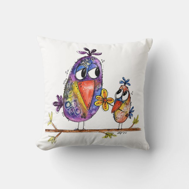 Two Cute and Whimsical Birds Throw Pillow (Front)