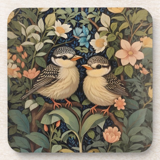 Two Cute Baby Birds Botanical Garden Beverage Coaster (Front)