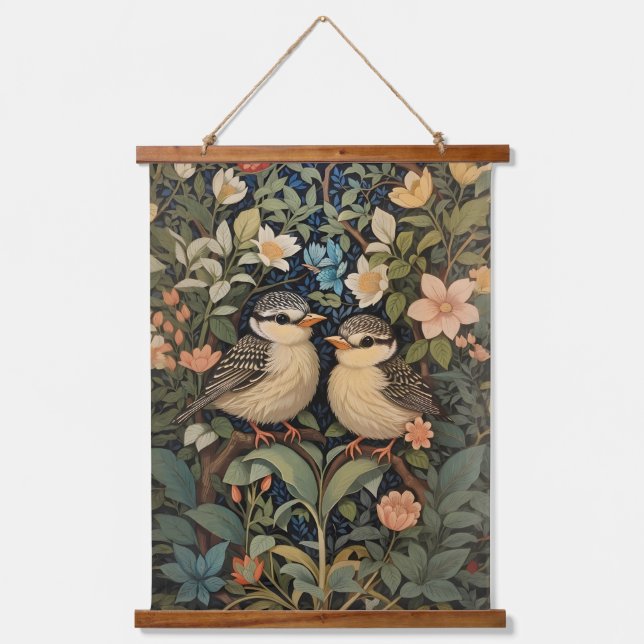 Two Cute Baby Birds Botanical Garden Hanging Tapestry (Front)