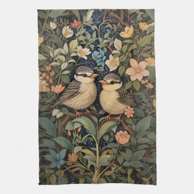 Two Cute Baby Birds Botanical Garden Kitchen Towel (Vertical)