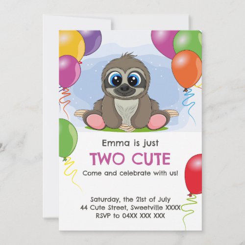 TWO CUTE baby sloth Girls 2nd birthday party Invitation