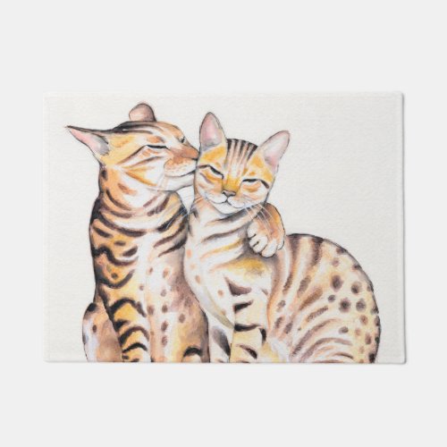 Two Cute Bengal Cats Watercolor art Doormat