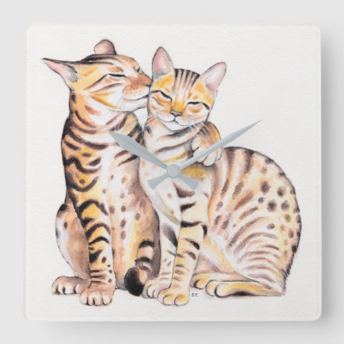 Two Cute Bengal Cats Watercolor art Square Wall Clock