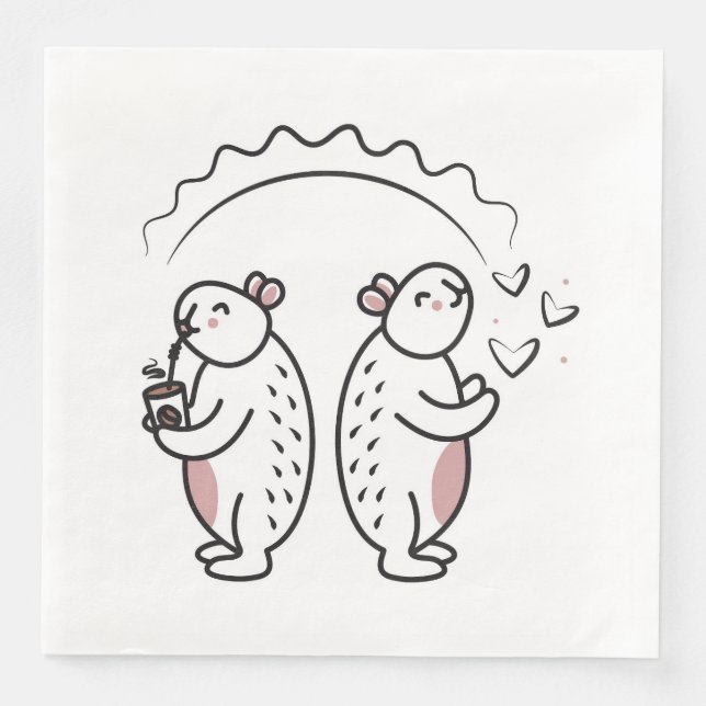 Two cute black line capybaras paper dinner napkins (Front)