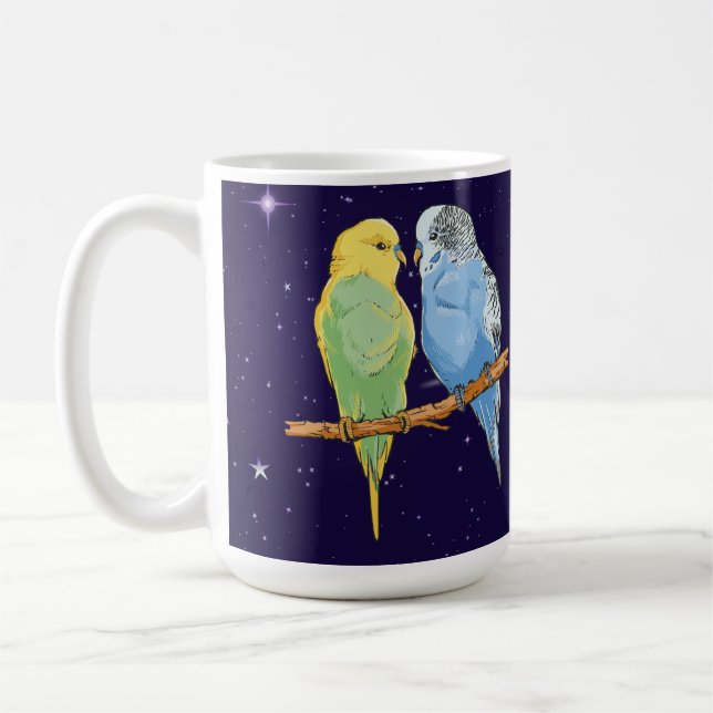 Two cute blue and green Budgie Coffee Mug (Left)