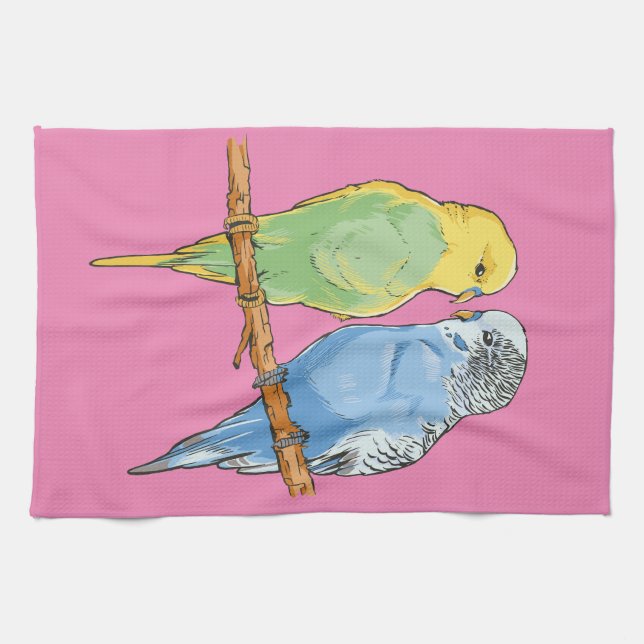 Two cute blue and green Budgies Kitchen Towel (Horizontal)