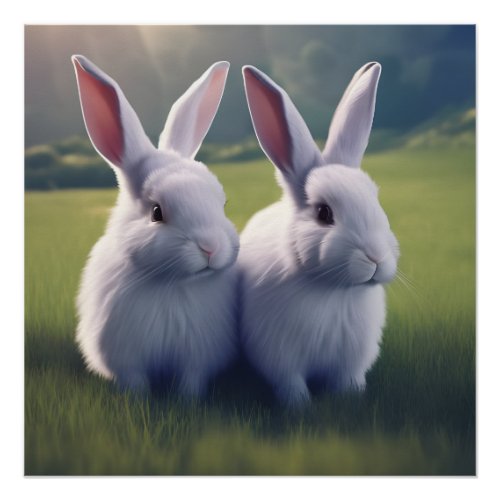 Two Cute Bunnies in field Glossy Poster