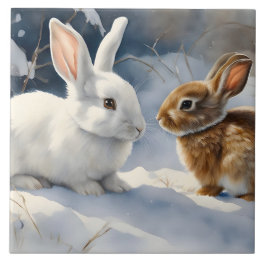Two Cute Bunny Rabbits Brown and White in Snow Ceramic Tile