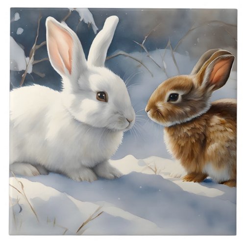 Two Cute Bunny Rabbits Brown and White in Snow  Ceramic Tile