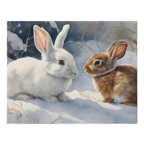 Two Cute Bunny Rabbits Brown and White in Snow  Faux Canvas Print
