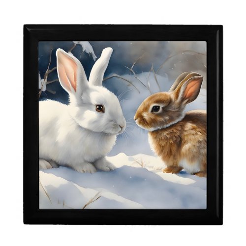 Two Cute Bunny Rabbits Brown and White in Snow  Gift Box