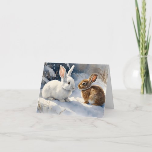 Two Cute Bunny Rabbits Brown White in Snow Blank Card