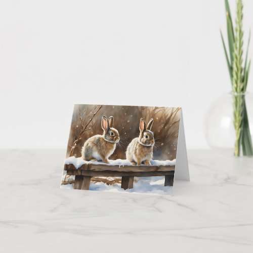 Two Cute Bunny Rabbits on a Bench in Snow Blank Card