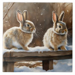 Two Cute Bunny Rabbits On A Bench In Snow Ceramic Tile at Zazzle