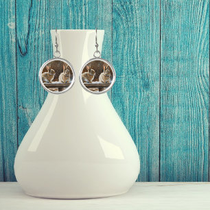 Two Cute Bunny Rabbits on a Bench in Snow Earrings
