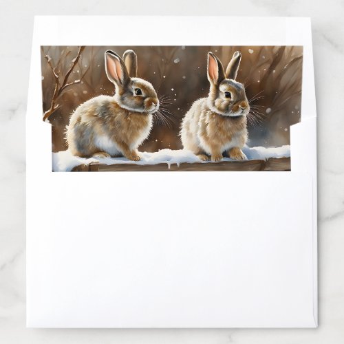 Two Cute Bunny Rabbits on a Bench in Snow Envelope Liner