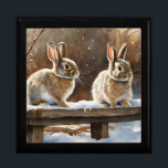 Two Cute Bunny Rabbits on a Bench in Snow Gift Box<br><div class="desc">Adorable bunnies sitting on a snow-covered bench on this wooden jewelry keepsake box.</div>
