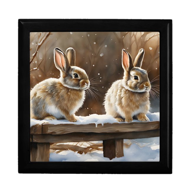 Two Cute Bunny Rabbits on a Bench in Snow Gift Box (Front)
