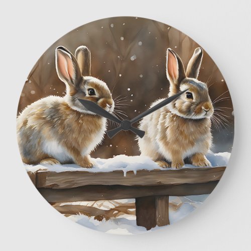 Two Cute Bunny Rabbits on a Bench in Snow Large Clock