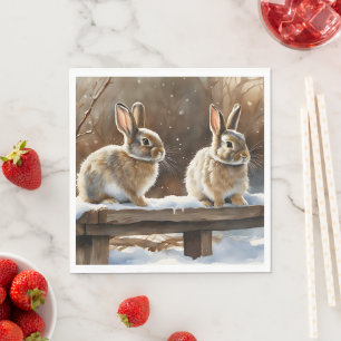 Two Cute Bunny Rabbits on a Bench in Snow Napkins
