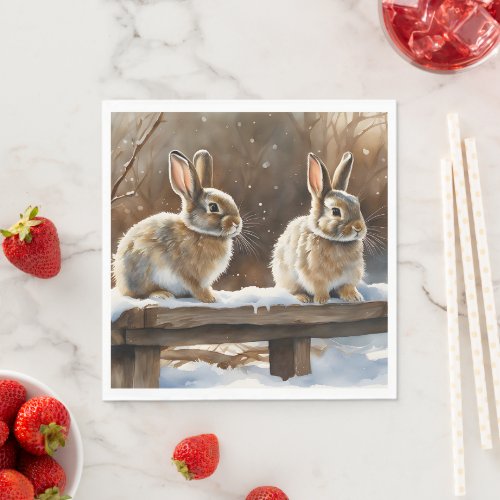 Two Cute Bunny Rabbits on a Bench in Snow Napkins