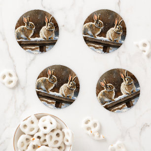 Two Cute Bunny Rabbits on a Bench in the Snow Coaster Set
