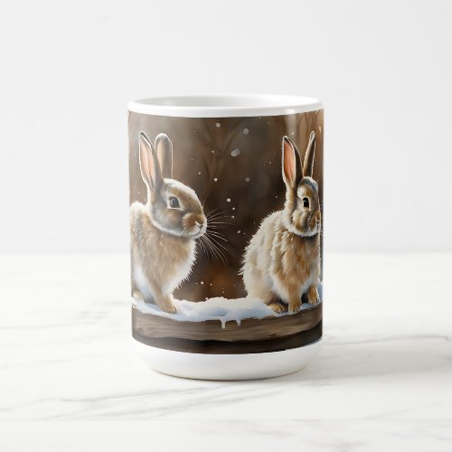 Two Cute Bunny Rabbits on a Bench in the Snow  Coffee Mug