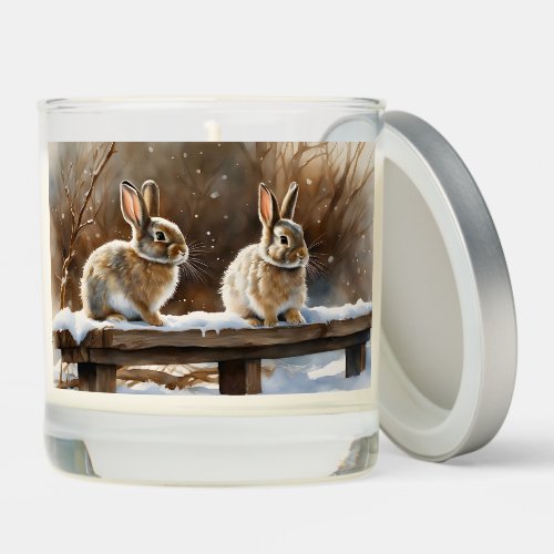 Two Cute Bunny Rabbits on a Bench in the Snow  Scented Candle