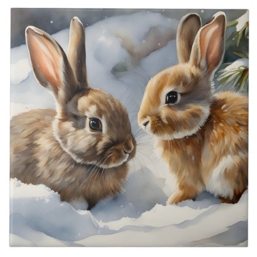 Two Cute Bunny Rabbits Playing in the Snow  Ceramic Tile