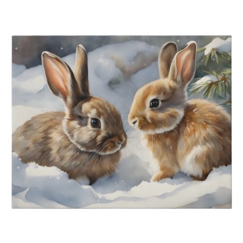 Two Cute Bunny Rabbits Playing in the Snow  Faux Canvas Print