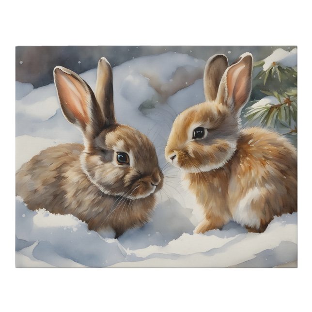Two Cute Bunny Rabbits Playing in the Snow  Faux Canvas Print (Front)