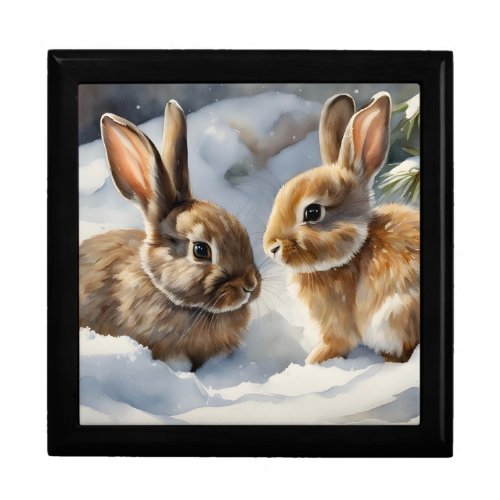 Two Cute Bunny Rabbits Playing in the Snow  Gift Box