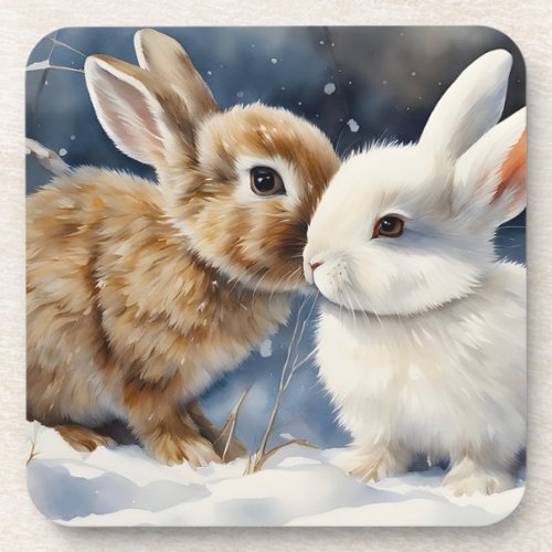 Two Cute Bunny Rabbits Snuggled in the Snow Beverage Coaster
