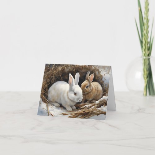 Two Cute Bunny Rabbits Snuggled in the Snow Blank Card