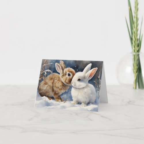 Two Cute Bunny Rabbits Snuggled in the Snow Blank Card