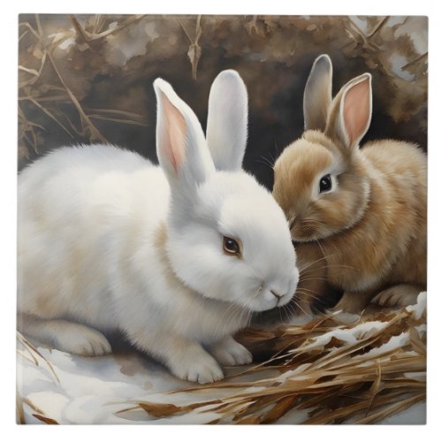 Two Cute Bunny Rabbits Snuggled in the Snow  Ceramic Tile