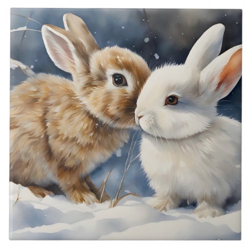 Two Cute Bunny Rabbits Snuggled in the Snow Ceramic Tile