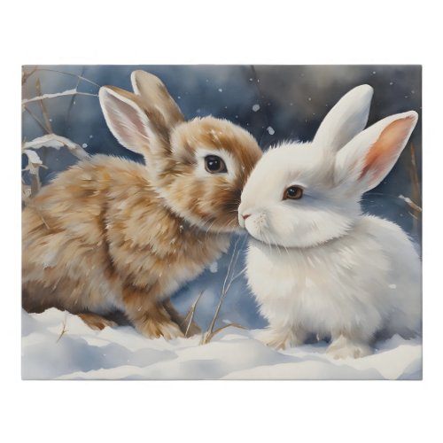 Two Cute Bunny Rabbits Snuggled in the Snow Faux Canvas Print