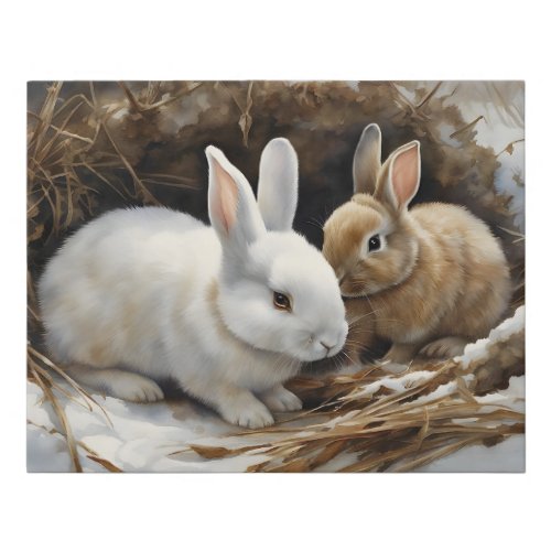 Two Cute Bunny Rabbits Snuggled in the Snow  Faux Canvas Print